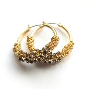 Trendy Gold Tone Chain Wrapped Prong Set Rhinestone Glam Delicate Hoop Earrings